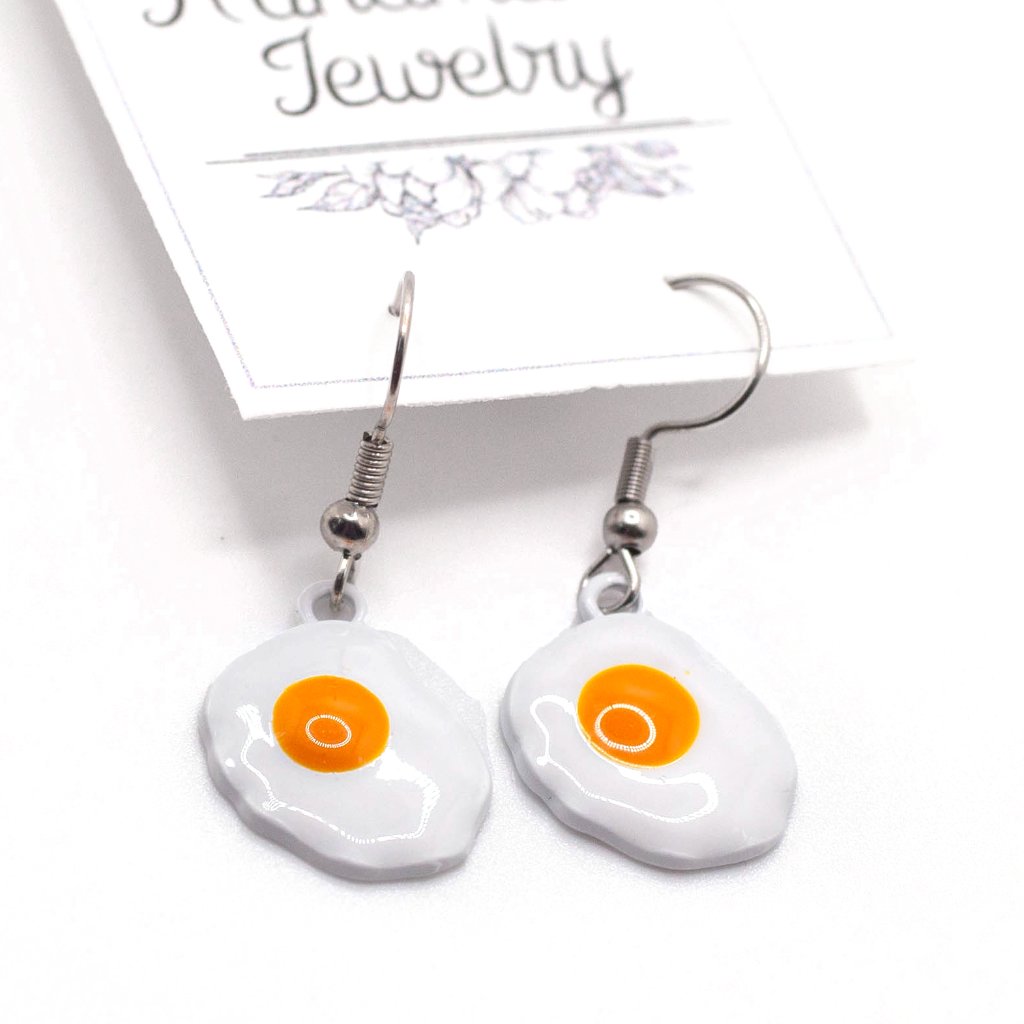 Handmade Enamel Fried Eggs Breakfast Baker Dangle Earrings, New